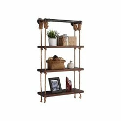 Benzara 3-Tier Wood/Metal Hanging Shelf, 24", Walnut Brown/Gray (BM155700)