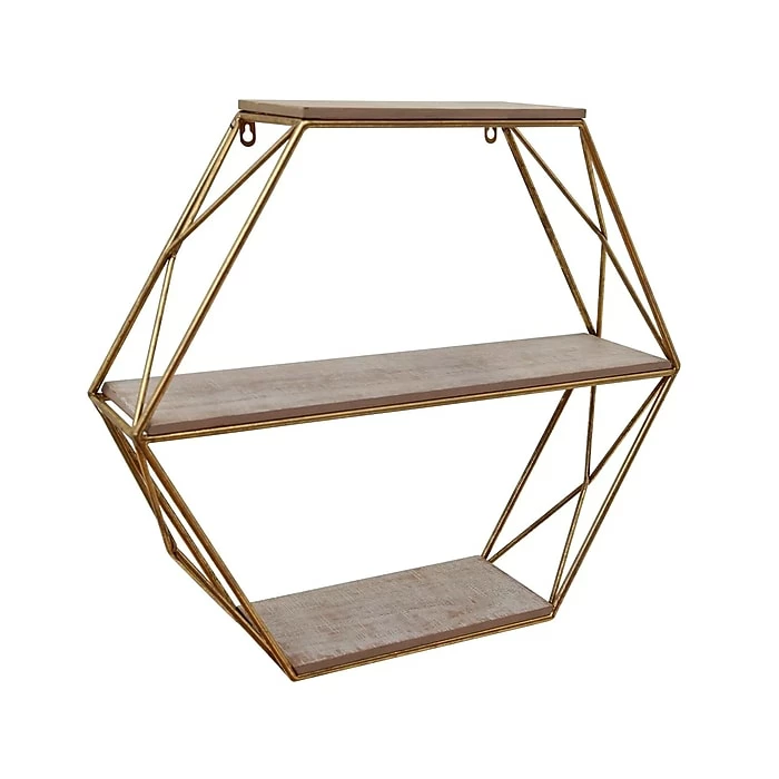 Benzara 3-Tier Wood/Metal Hanging Shelf, 23.75", Gold/Brown (BM190496) 3 Benzara 3-Tier Wood/Metal Hanging Shelf, 23.75", Gold/Brown (BM190496)