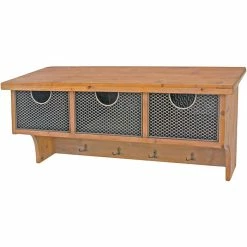 Benzara Wood Mounted Shelf With 4 Hooks, 33", Brown (BM218344)