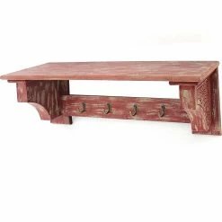 Benzara Wood Mounted Shelf With 4 Hooks, 30", Distressed Red (BM218362)