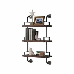Benzara 3-Tier Wood/Metal Mounted Shelf, 24", Walnut Brown/Gray (BM155703)