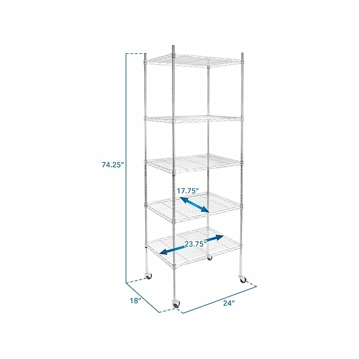 Mount-It! 5-Tier Metal Shelving Unit With Wheels, 24", Silver (MI-7862) 4 Mount-It! 5-Tier Metal Shelving Unit With Wheels, 24", Silver (MI-7862) - Image 2